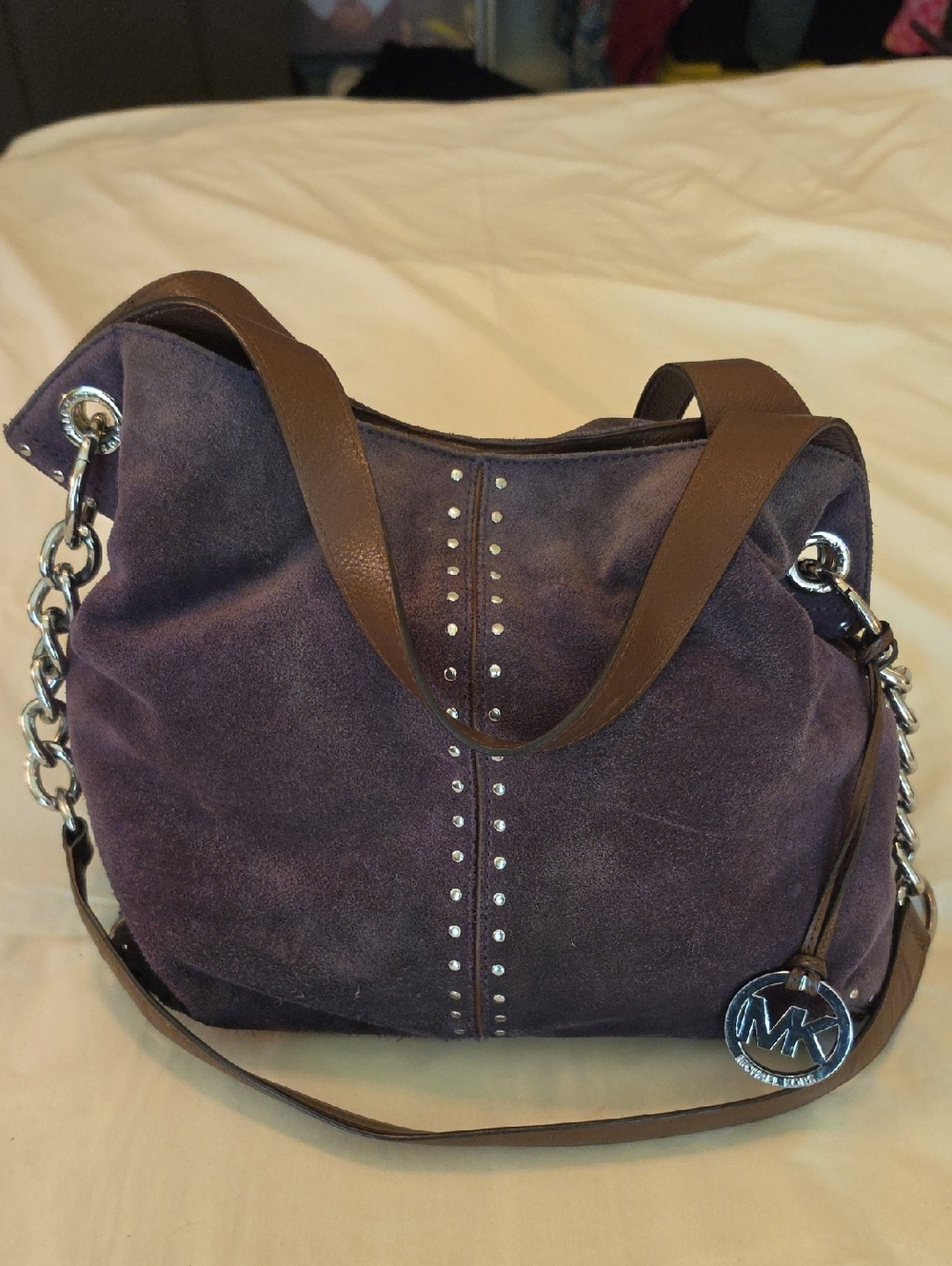 Michael Kors Purple Suede Hobo with Stud Accents And Chain Strap